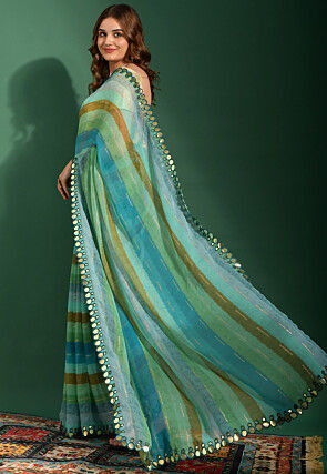 Stripe Printed Chiffon Saree in Blue