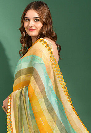 Stripe Printed Chiffon Saree in Multicolor