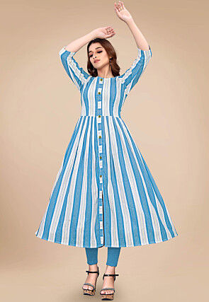 Stripe Printed Cotton A Line Kurta in Off White and Blue