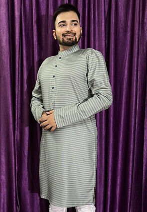 Stripe Printed Cotton Kurta in Grey