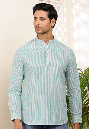 Stripe Printed Cotton Kurta in Light Green and White