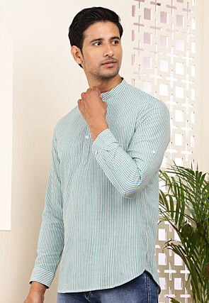 Stripe Printed Cotton Kurta in Light Green and White