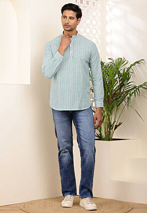 Stripe Printed Cotton Kurta in Light Green and White