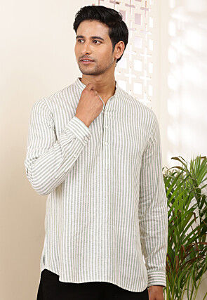 Stripe Printed Cotton Kurta in Off White