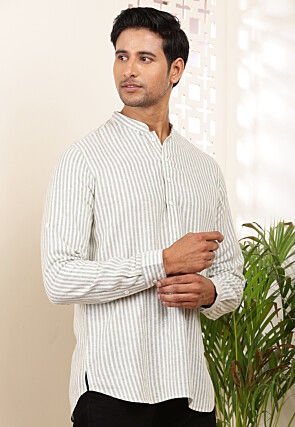 Stripe Printed Cotton Kurta in Off White
