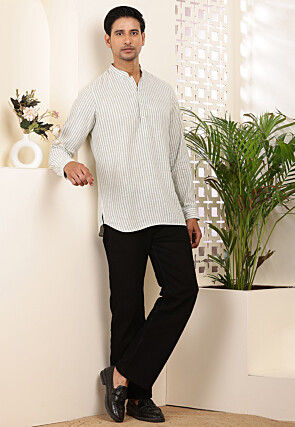 Stripe Printed Cotton Kurta in Off White