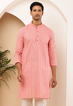 Stripe Printed Cotton Kurta in Peach