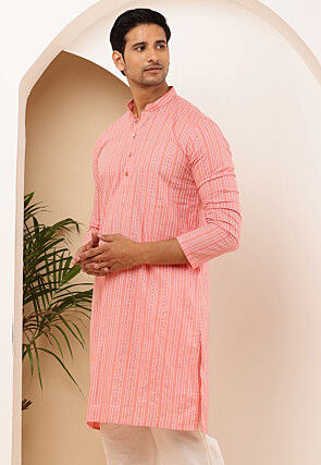 Stripe Printed Cotton Kurta in Peach