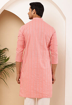 Stripe Printed Cotton Kurta in Peach