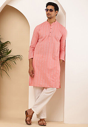 Stripe Printed Cotton Kurta in Peach