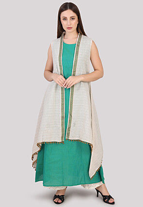 Stripe Printed Cotton Long Kurta Set in Teal Green