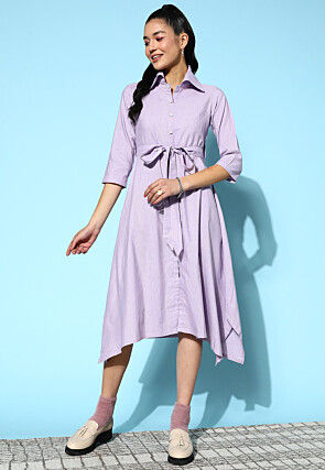 Stripe Printed Cotton Lurex Asymmetric Dress in Lavender