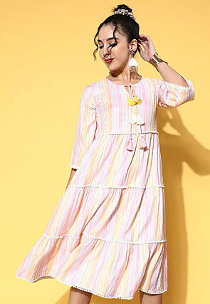 Stripe Printed Cotton Lurex Tiered Dress in Multicolor