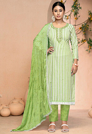 Stripe Printed Cotton Pakistani Suit in Green