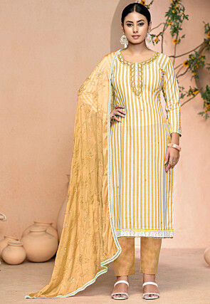 Stripe Printed Cotton Pakistani Suit in Orange