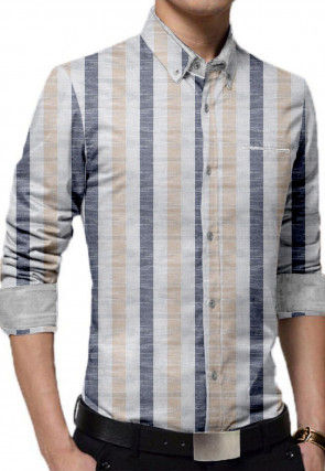 Stripe Printed Cotton Shirt in Off White