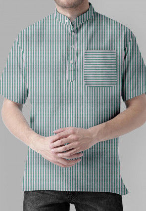 Stripe Printed Cotton Short Kurta in White and Green
