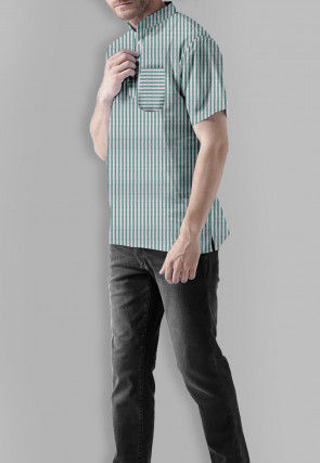 Stripe Printed Cotton Short Kurta in White and Green