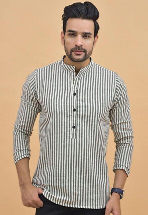 Stripe Printed Cotton Short Kurta in White and Grey