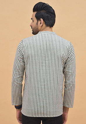 Stripe Printed Cotton Short Kurta in White and Grey