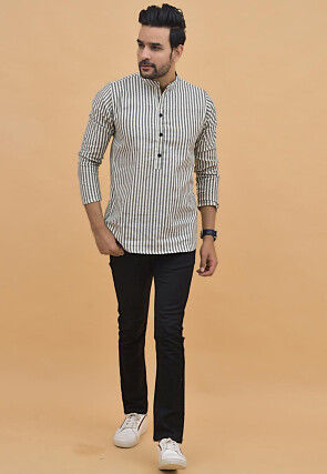 Stripe Printed Cotton Short Kurta in White and Grey