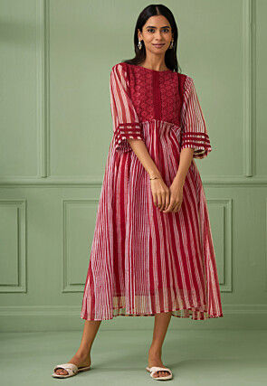 Stripe Printed Cotton Silk Midi Dress in Red
