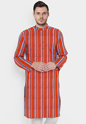 Stripe Printed Cotton Straight Kurta in Orange
