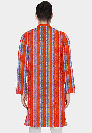 Stripe Printed Cotton Straight Kurta in Orange