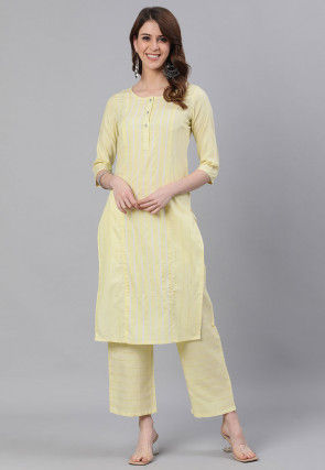 Stripe Printed Cotton Straight Kurta Set in Yellow