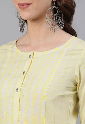 Stripe Printed Cotton Straight Kurta Set in Yellow