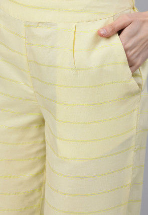 Stripe Printed Cotton Straight Kurta Set in Yellow