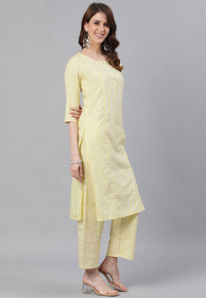 Stripe Printed Cotton Straight Kurta Set in Yellow