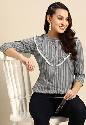 Stripe Printed Cotton Top in Grey