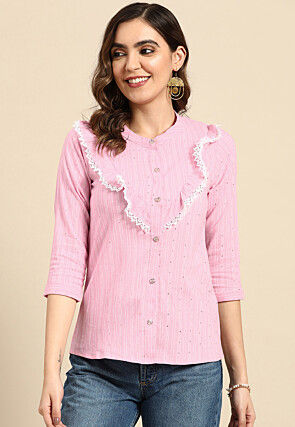 Stripe Printed Cotton Top in Pink