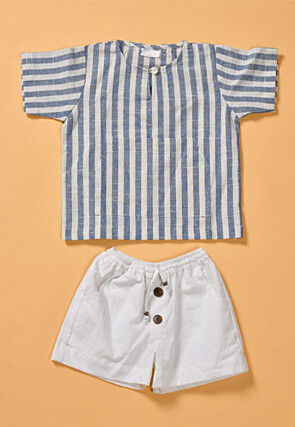 Stripe Printed Cotton Top Set in White and Blue