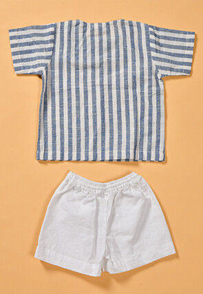 Stripe Printed Cotton Top Set in White and Blue