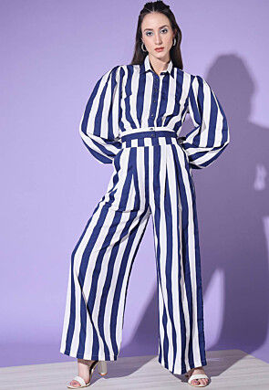 Stripe Printed Crepe Co-Ord Set in Blue and Off White
