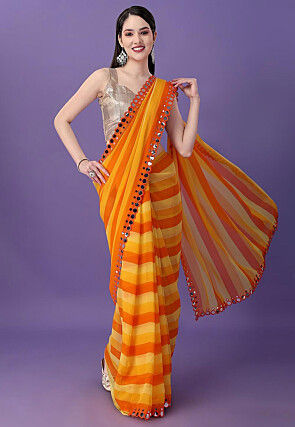 Stripe Printed Georgette Saree in Mustard and Orange