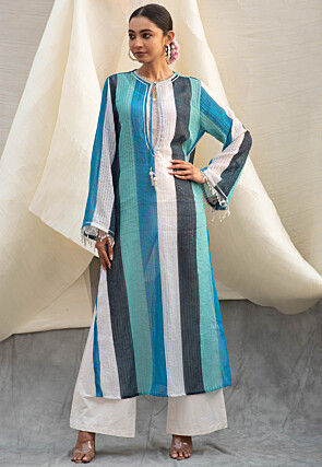 Stripe Printed Georgette Straight Kurta in Blue