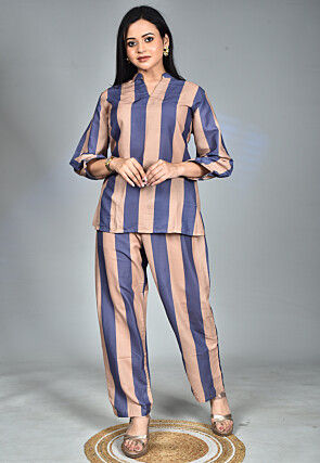 Stripe Printed Muslin Cotton Co Ord Set in Blue and Beige