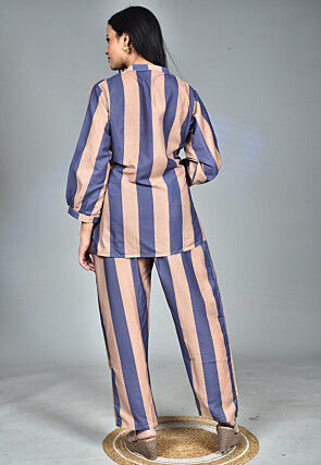Stripe Printed Muslin Cotton Co Ord Set in Blue and Beige