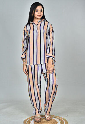Stripe Printed Muslin Cotton Co Ord Set in Grey and Beige