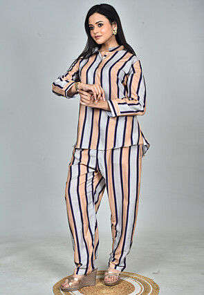 Stripe Printed Muslin Cotton Co Ord Set in Grey and Beige