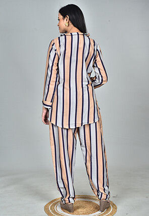 Stripe Printed Muslin Cotton Co Ord Set in Grey and Beige