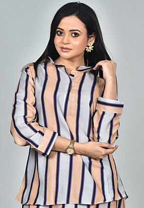 Stripe Printed Muslin Cotton Co Ord Set in Grey and Beige