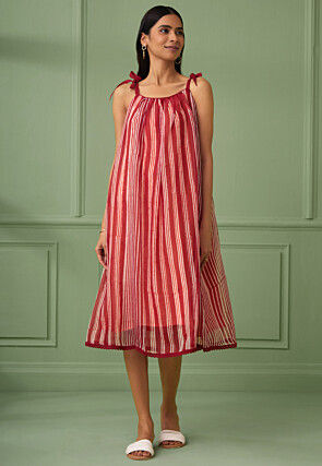 Stripe Printed Organza Aline Dress in Red