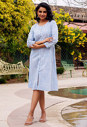 Stripe Printed Pure Cotton A Line Dress in Blue and White