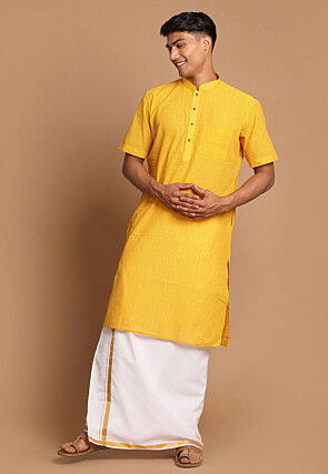Stripe Printed Pure Cotton Kurta Mundu Set in Yellow
