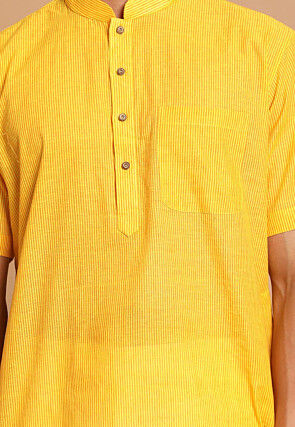 Stripe Printed Pure Cotton Kurta Mundu Set in Yellow