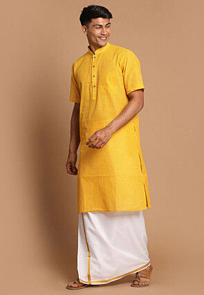 Stripe Printed Pure Cotton Kurta Mundu Set in Yellow